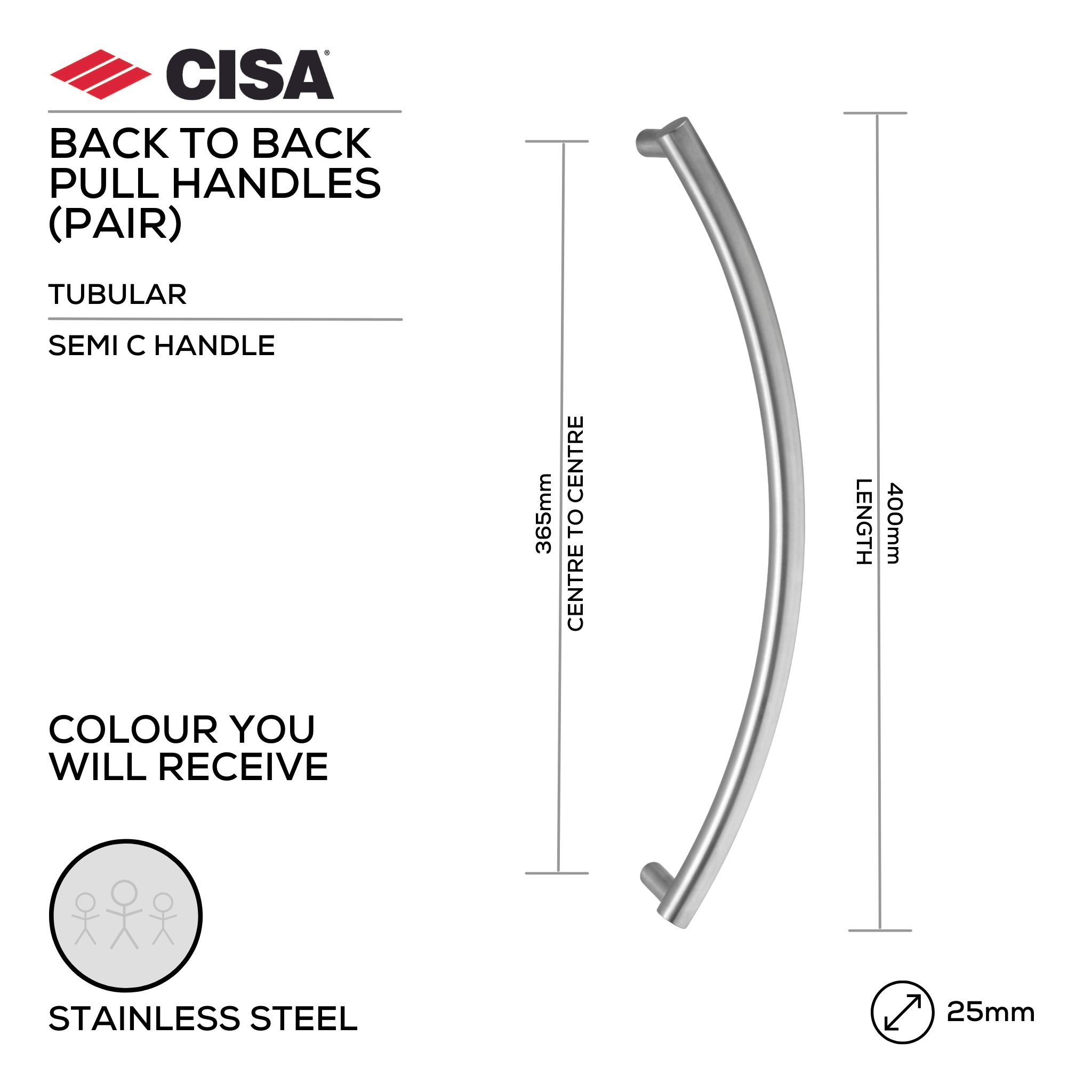 FP.SC11.BB.SS, Pull Handle, Tubular, Semi, C Handle, BTB, 25mm (Ø) x 400mm (l) x 365mm (ctc), Stainless Steel, CISA