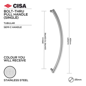 FP.SC11.BTF.SS, Pull Handle, Tubular, Semi, C Handle, BoltThru, 25mm (Ø) x 400mm (l) x 365mm (ctc), Stainless Steel, CISA