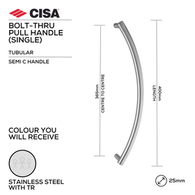 FP.SC11.BTF.TR, Pull Handle, Tubular, Semi, C Handle, BoltThru, 25mm (Ø) x 400mm (l) x 365mm (ctc), Stainless Steel with Tarnish Resistant, CISA