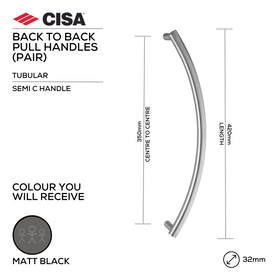 FP.SC16.BB.MBL, Pull Handle, Tubular, Semi, C Handle, BTB, 32mm (Ø) x 420mm (l) x 350mm (ctc), Matt Black, CISA