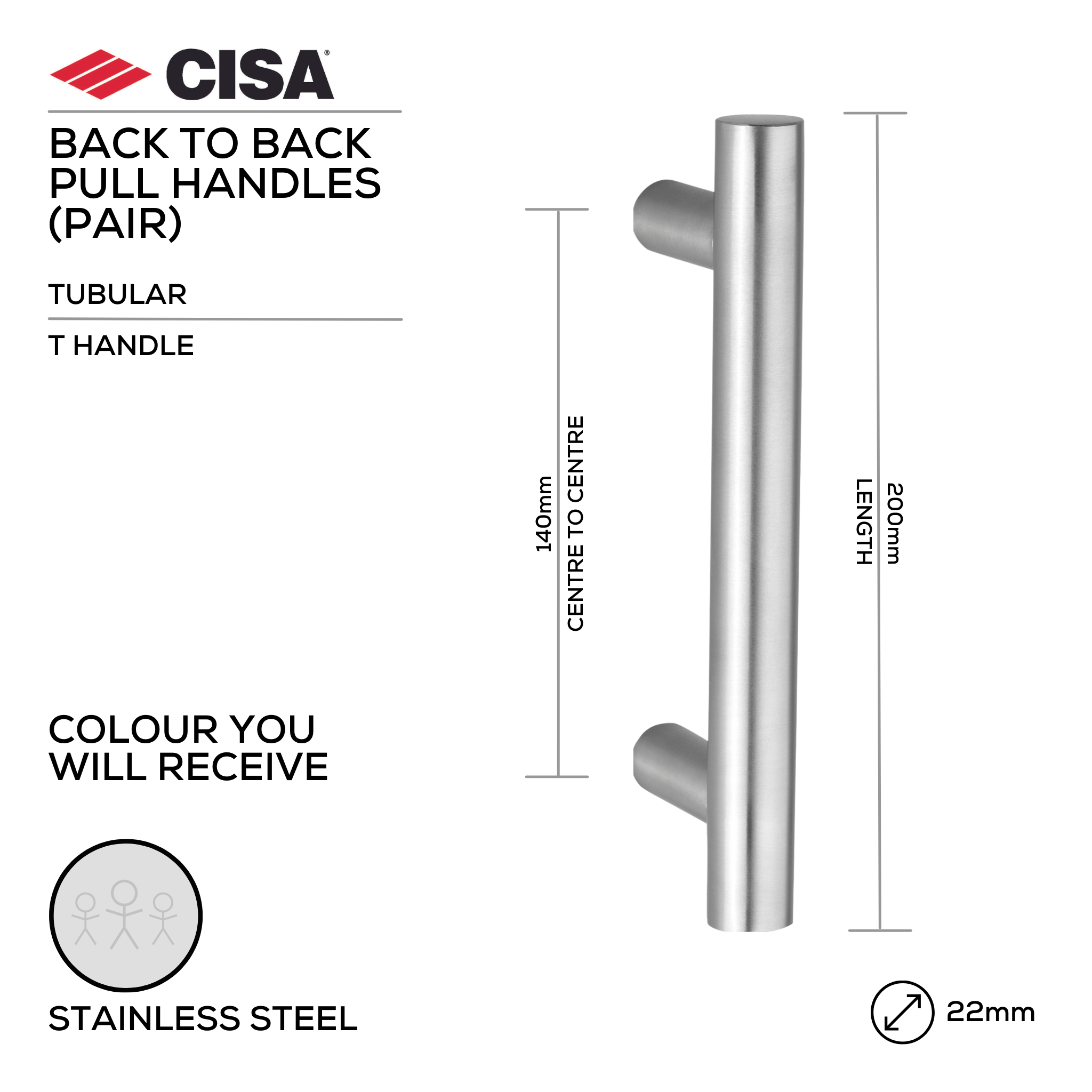 FP.T01.BB.SS, Pull Handle, Tubular, T Handle, BTB, 22mm (Ø) x 200mm (l) x 140mm (ctc), Stainless Steel, CISA