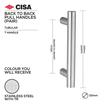 Main product view of CISA Stainless Steel Pull Handle, made for doors with tough stainless shine, 22mm (Ø) x 200mm (l).