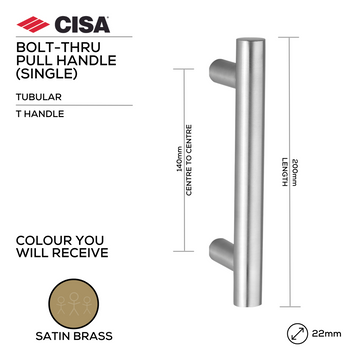 Main product view of CISA Satin Brass Pull Handle, made for doors with solid brass style, 22mm (Ø) x 200mm (l).