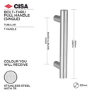 FP.T01.BTF.TR, Pull Handle, Tubular, T Handle, BoltThru, 22mm (Ø) x 200mm (l) x 140mm (ctc), Stainless Steel with Tarnish Resistant, CISA-1