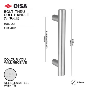 CISA Stainless Steel Pull Handle main product view; clean stainless confidence for a better door setup, 22mm (Ø) x 200mm (l).