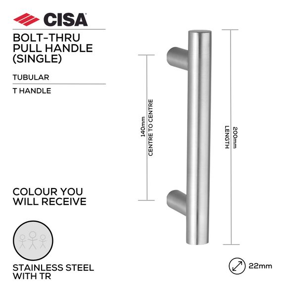 FP.T01.BTF.TR, Pull Handle, Tubular, T Handle, BoltThru, 22mm (Ø) x 200mm (l) x 140mm (ctc), Stainless Steel with Tarnish Resistant, CISA