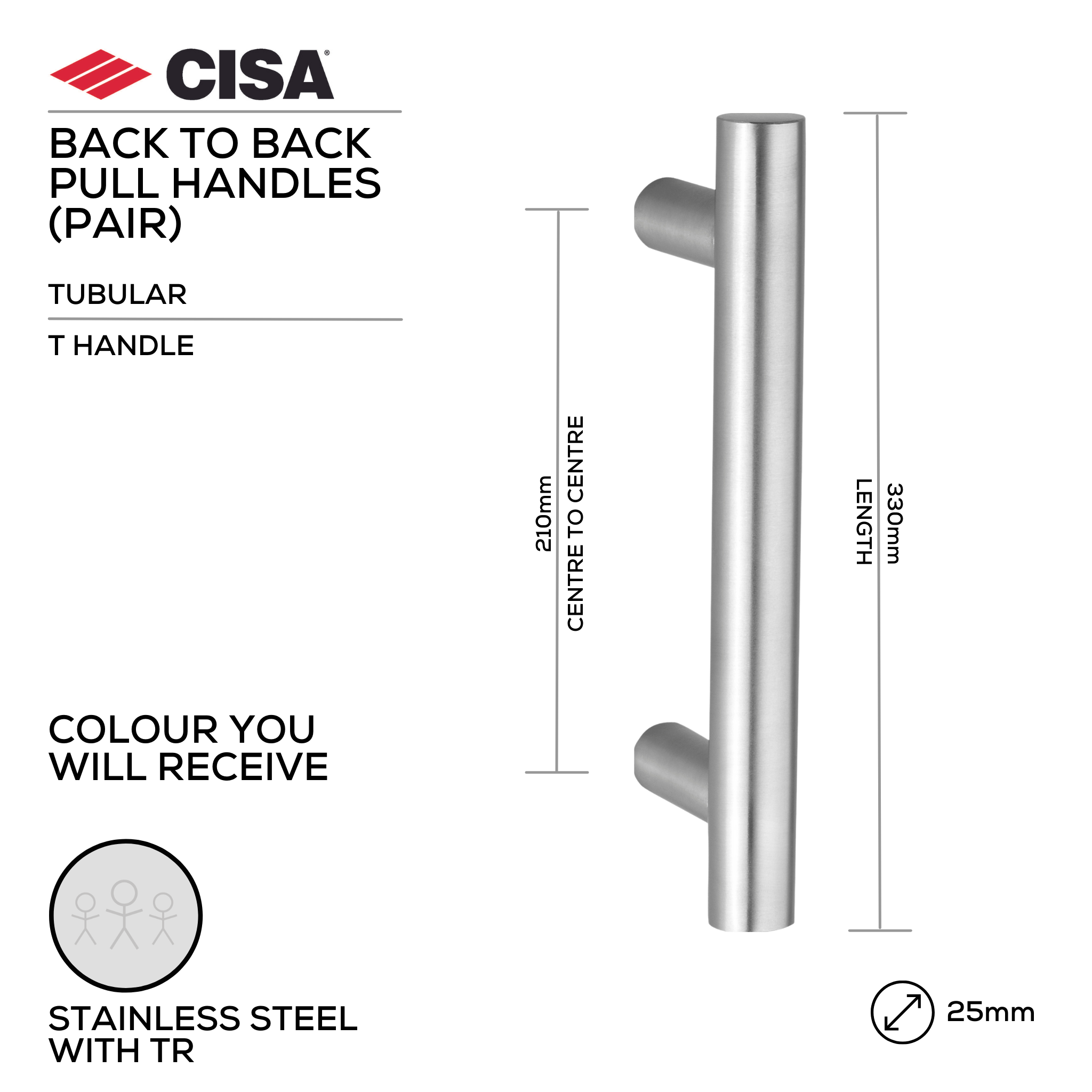 FP.T02.BB.TR, Pull Handle, Tubular, T Handle, BTB, 25mm (Ø) x 330mm (l) x 210mm (ctc), Stainless Steel with Tarnish Resistant, CISA