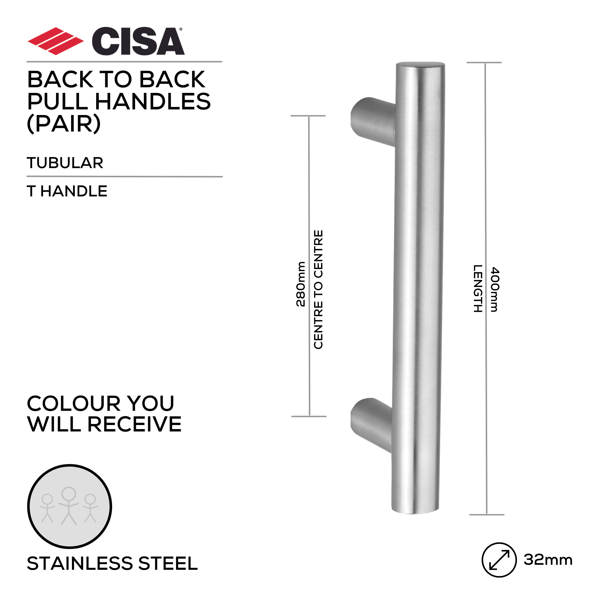 FP.T03.BB.SS, Pull Handle, Tubular, T Handle, BTB, 32mm (Ø) x 400mm (l) x 280mm (ctc), Stainless Steel, CISA