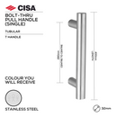 FP.T03.BTF.SS, Pull Handle, Tubular, T Handle, BoltThru, 32mm (Ø) x 400mm (l) x 280mm (ctc), Stainless Steel, CISA-1