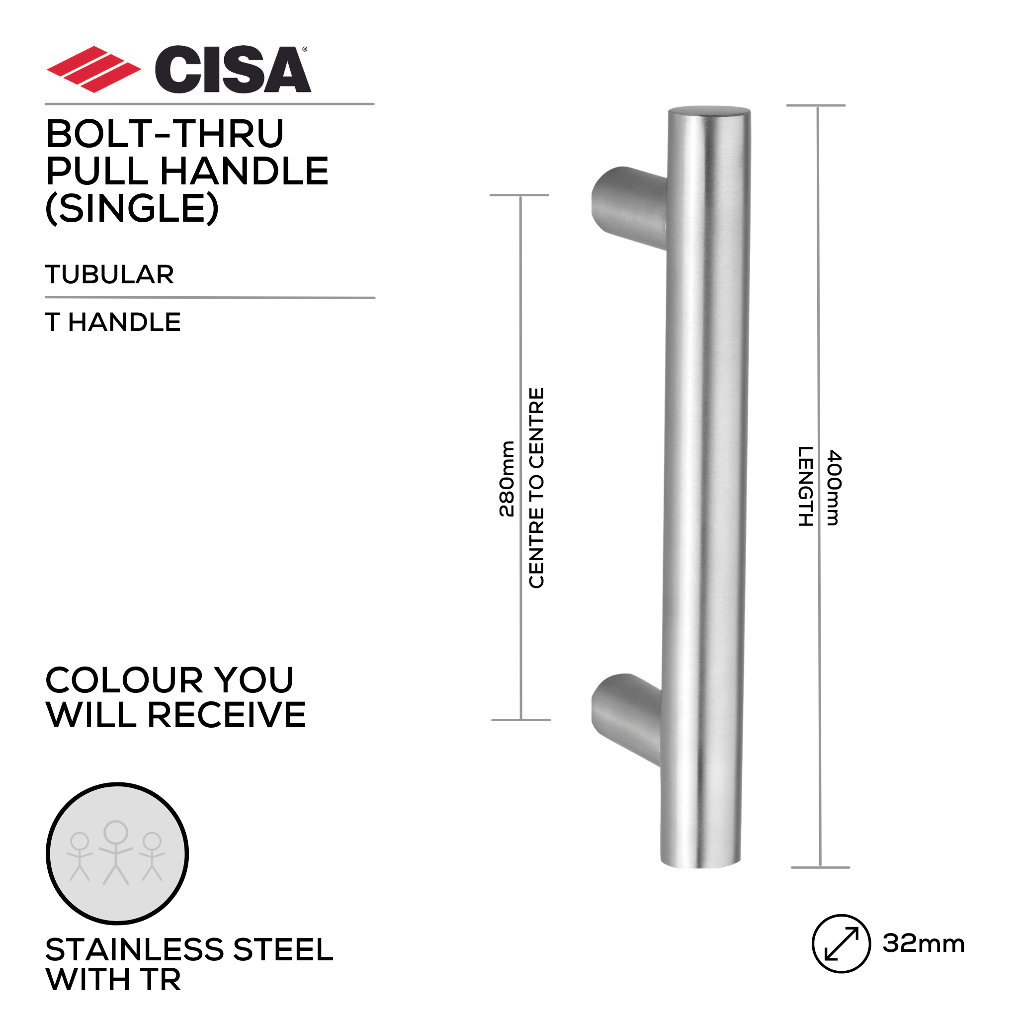 FP.T03.BTF.TR, Pull Handle, Tubular, T Handle, BoltThru, 32mm (Ø) x 400mm (l) x 280mm (ctc), Stainless Steel with Tarnish Resistant, CISA