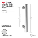 FP.T04.BB.SS, Pull Handle, Tubular, T Handle, BTB, 32mm (Ø) x 500mm (l) x 380mm (ctc), Stainless Steel, CISA-1