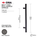 FP.T04.BTF.MBL, Pull Handle, Tubular, T Handle, BoltThru, 32mm (Ø) x 500mm (l) x 380mm (ctc), Matt Black, CISA-1