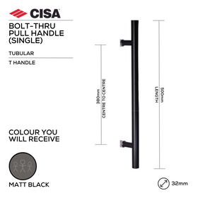 FP.T04.BTF.MBL, Pull Handle, Tubular, T Handle, BoltThru, 32mm (Ø) x 500mm (l) x 380mm (ctc), Matt Black, CISA