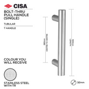 FP.T04.BTF.TR, Pull Handle, Tubular, T Handle, BoltThru, 32mm (Ø) x 500mm (l) x 380mm (ctc), Stainless Steel with Tarnish Resistant, CISA-1