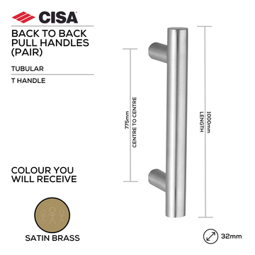 CISA Satin Brass Pull Handle for doors, main product view with warm brass confidence, 32mm (Ø) x 1000mm (l).