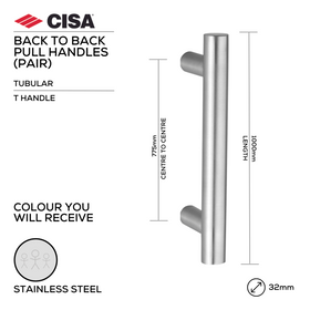 FP.T05.BB.SS, Pull Handle, Tubular, T Handle, BTB, 32mm (Ø) x 1000mm (l) x 775mm (ctc), Stainless Steel, CISA