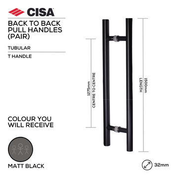 CISA Matt Black Pull Handle for doors, main product view with bold black energy, 32mm (Ø) x 1500mm (l).