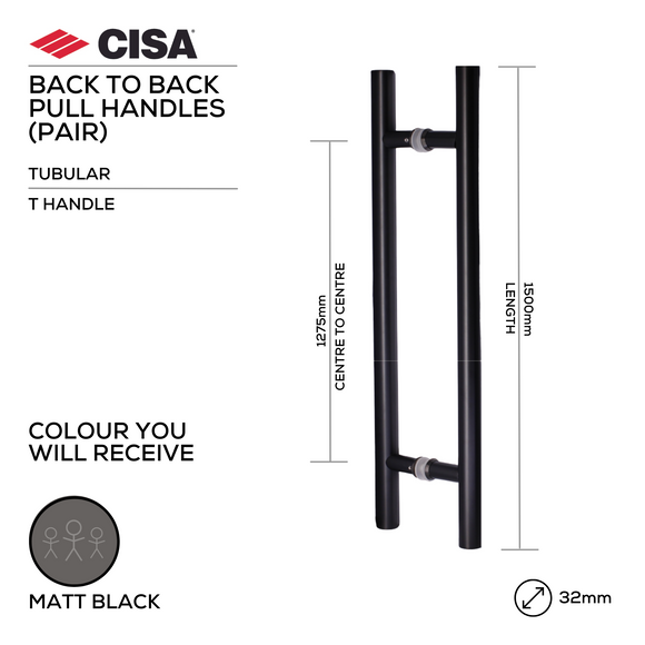 FP.T06.BB.MBL, Pull Handle, Tubular, T Handle, BTB, 32mm (Ø) x 1500mm (l) x 1275mm (ctc), Matt Black, CISA