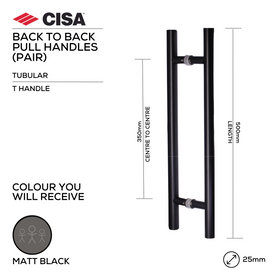 FP.T102.BB.MBL, Pull Handle, Tubular, T Handle, BTB, 25mm (Ø) x 500mm (l) x 350mm (ctc), Matt Black, CISA