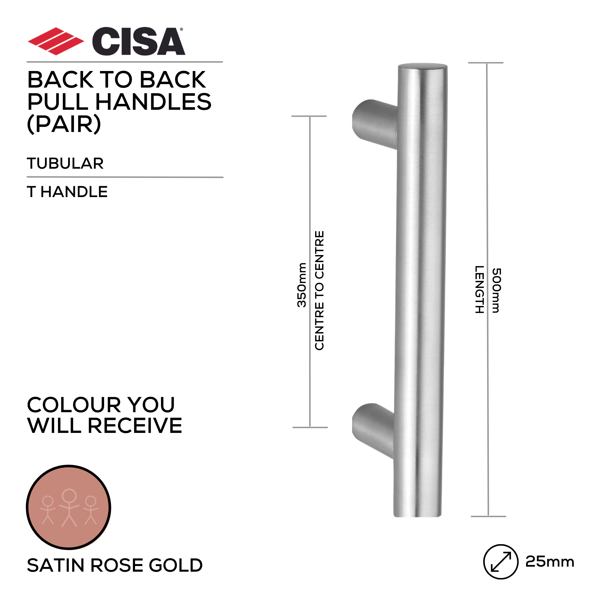 FP.T102.BB.SRG, Pull Handle, Tubular, T Handle, BTB, 25mm (Ø) x 500mm (l) x 350mm (ctc), Satin Rose Gold, CISA