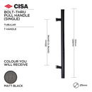 FP.T102.BTF.MBL, Pull Handle, Tubular, T Handle, BoltThru, 25mm (Ø) x 500mm (l) x 350mm (ctc), Matt Black, CISA-1