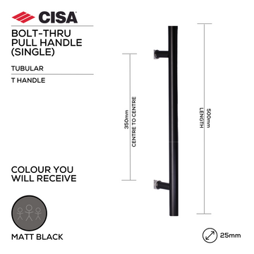 CISA Matt Black Pull Handle main product view; sharp modern attitude for a better door setup, 25mm (Ø) x 500mm (l).