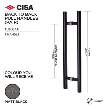 Main product view of CISA Matt Black Pull Handle, made for doors with dark, sleek, and ready to stand out, 32mm (Ø) x 400mm (l).