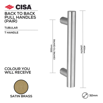 CISA Satin Brass Pull Handle main product view; brass that means business for a better door setup, 32mm (Ø) x 400mm (l).
