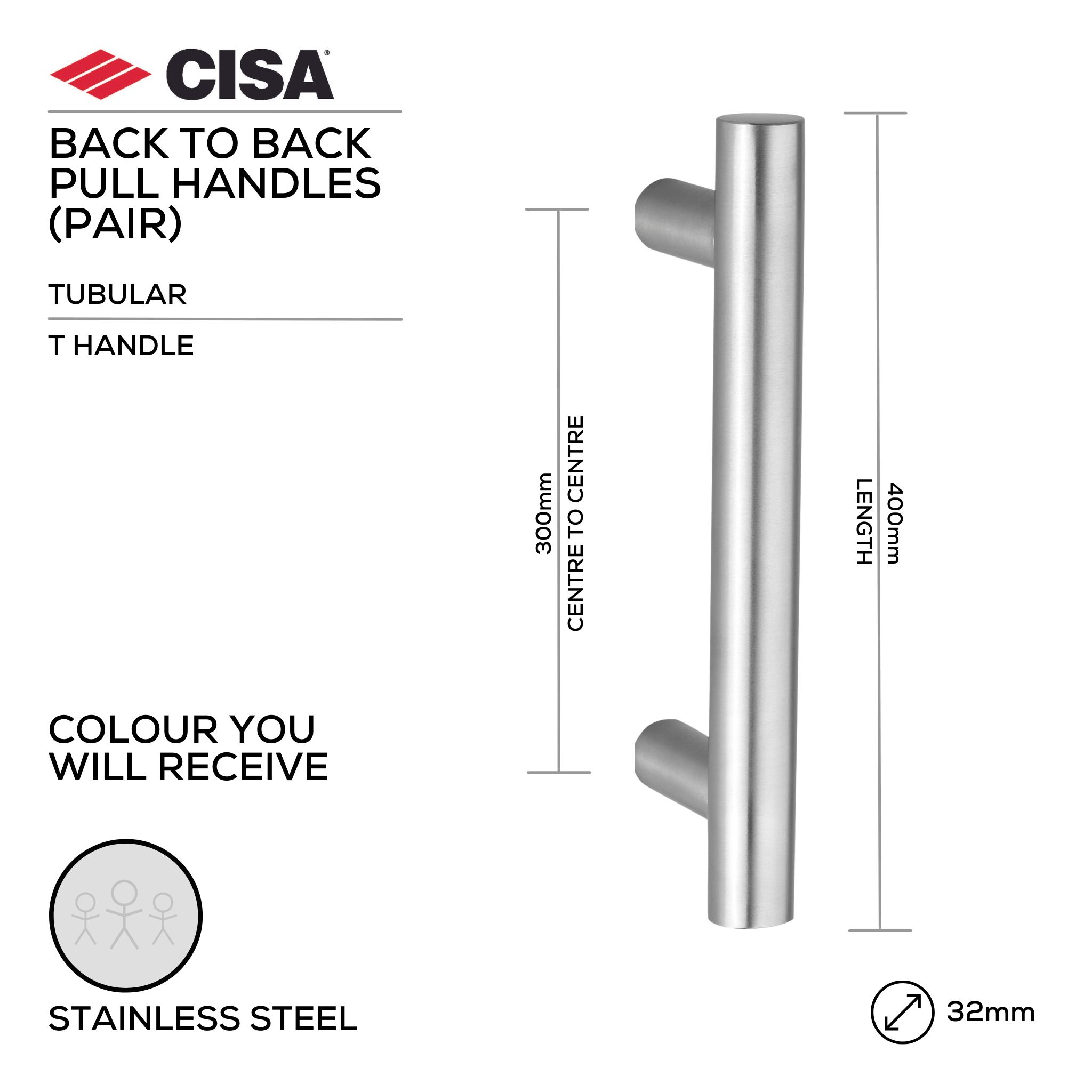 FP.T103.BB.SS, Pull Handle, Tubular, T Handle, BTB, 32mm (Ø) x 400mm (l) x 300mm (ctc), Stainless Steel, CISA
