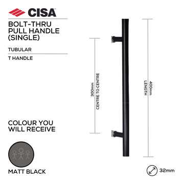 CISA Matt Black Pull Handle for doors, main product view with bold black energy, 32mm (Ø) x 400mm (l).