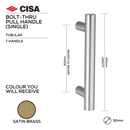 FP.T103.BTF.SB, Pull Handle, Tubular, T Handle, BoltThru, 32mm (Ø) x 400mm (l) x 300mm (ctc), Satin Brass, CISA-1