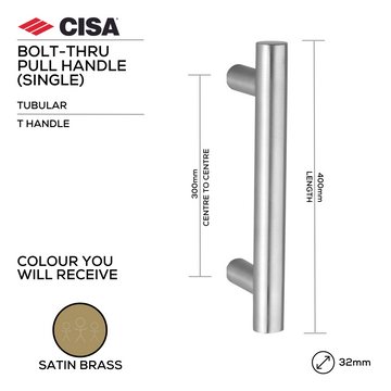CISA Satin Brass Pull Handle main product view; brass that means business for a better door setup, 32mm (Ø) x 400mm (l).