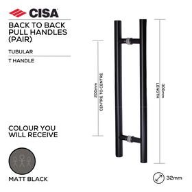 FP.T104.BB.MBL, Pull Handle, Tubular, T Handle, BTB, 32mm (Ø) x 300mm (l) x 200mm (ctc), Matt Black, CISA
