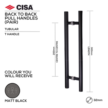CISA Matt Black Pull Handle for doors, main product view with bold black energy, 32mm (Ø) x 300mm (l).
