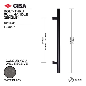CISA Matt Black Pull Handle main product view; sharp modern attitude for a better door setup, 32mm (Ø) x 300mm (l).