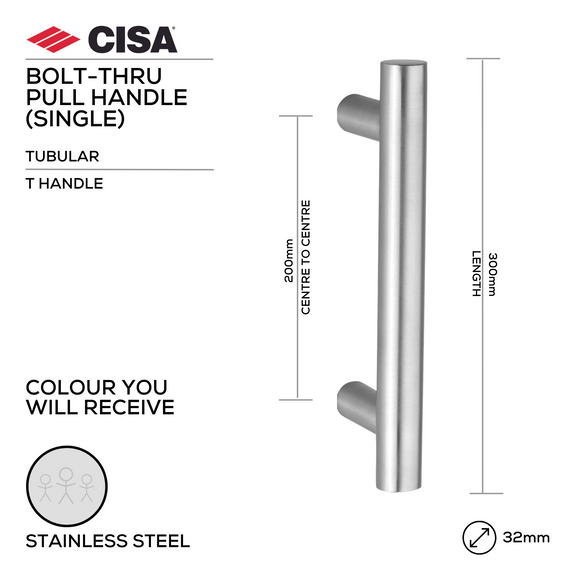 FP.T104.BTF.SS, Pull Handle, Tubular, T Handle, BoltThru, 32mm (Ø) x 300mm (l) x 200mm (ctc), Stainless Steel , CISA