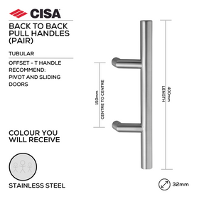 FP.T19.BB.SS, Pull Handle, Tubular, Offset, T Handle, BTB, 32mm (Ø) x 400mm (l) x 150mm (ctc), Stainless Steel , CISA