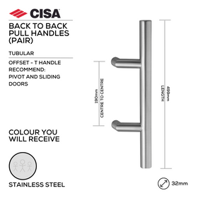 FP.T202.BB.SS, Pull Handle, Tubular, Offset, T Handle, BTB, 32mm (Ø) x 499mm (l) x 190mm (ctc), Stainless Steel , CISA