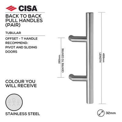 FP.T202.BB.SS, Pull Handle, Tubular, Offset, T Handle, BTB, 32mm (Ø) x 499mm (l) x 190mm (ctc), Stainless Steel , CISA