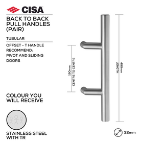 FP.T202.BB.TR, Pull Handle, Tubular, Offset, T Handle, BTB, 32mm (Ø) x 499mm (l) x 190mm (ctc), Stainless Steel with Tarnish Resistant, CISA