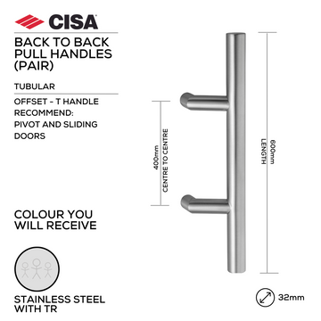 CISA Stainless Steel Pull Handle for doors, main product view with strong stainless style, 32mm (Ø) x 600mm (l).