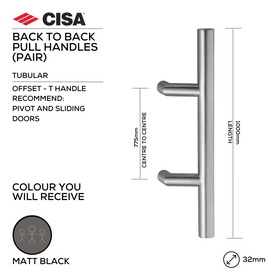 FP.T21.BB.MBL, Pull Handle, Tubular, Offset, T Handle, BTB, 32mm (Ø) x 1000mm (l) x 775mm (ctc), Matt Black, CISA