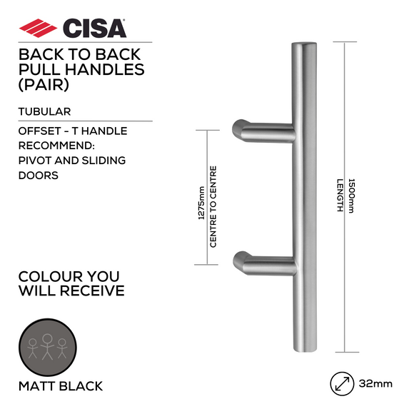 FP.T22.BB.MBL, Pull Handle, Tubular, Offset, T Handle, BTB, 32mm (Ø) x 1500mm (l) x 1275mm (ctc), Matt Black, CISA