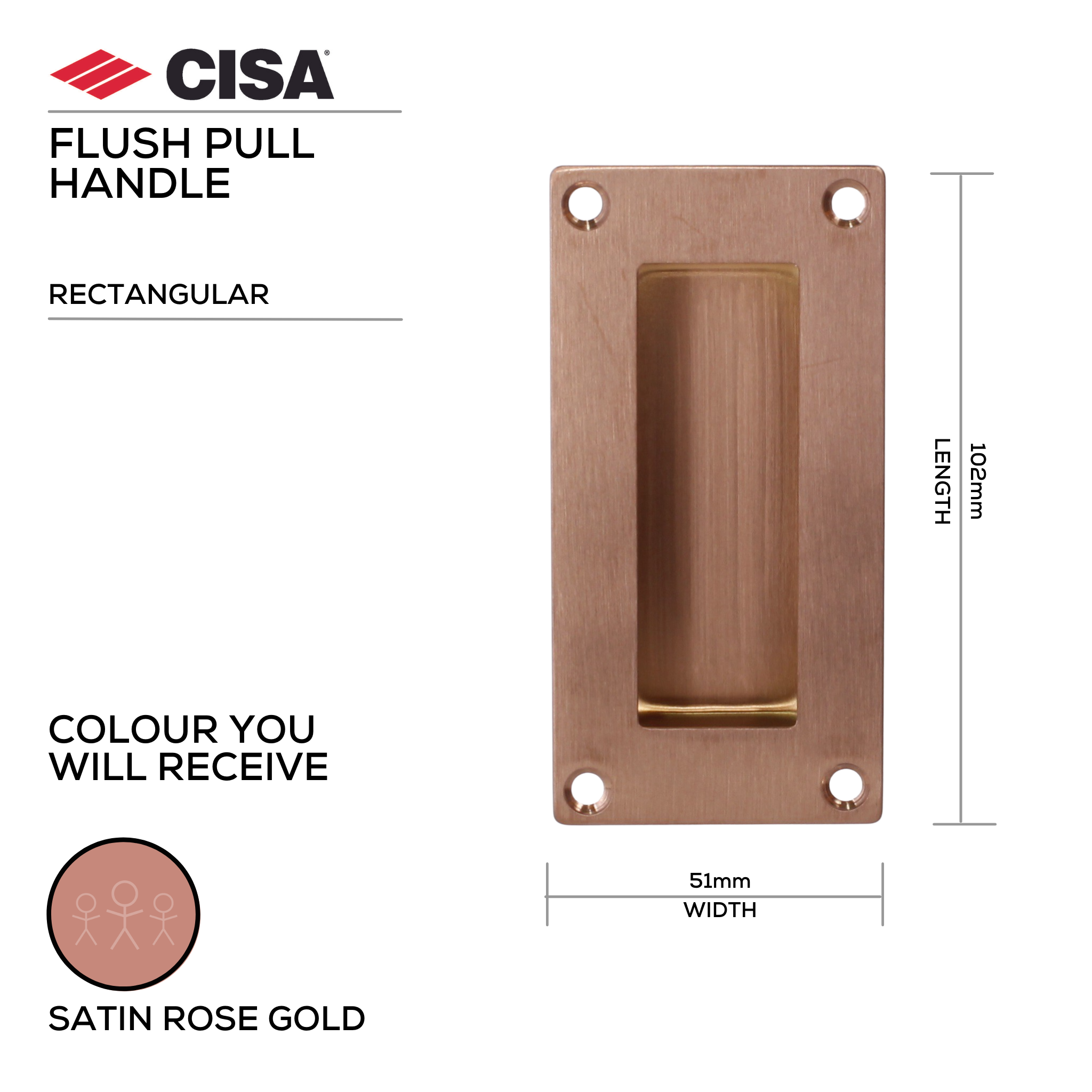 FP01.SRG, Flush Pull, Rectangular, 102mm (l) x 51mm (w), Satin Rose Gold, CISA