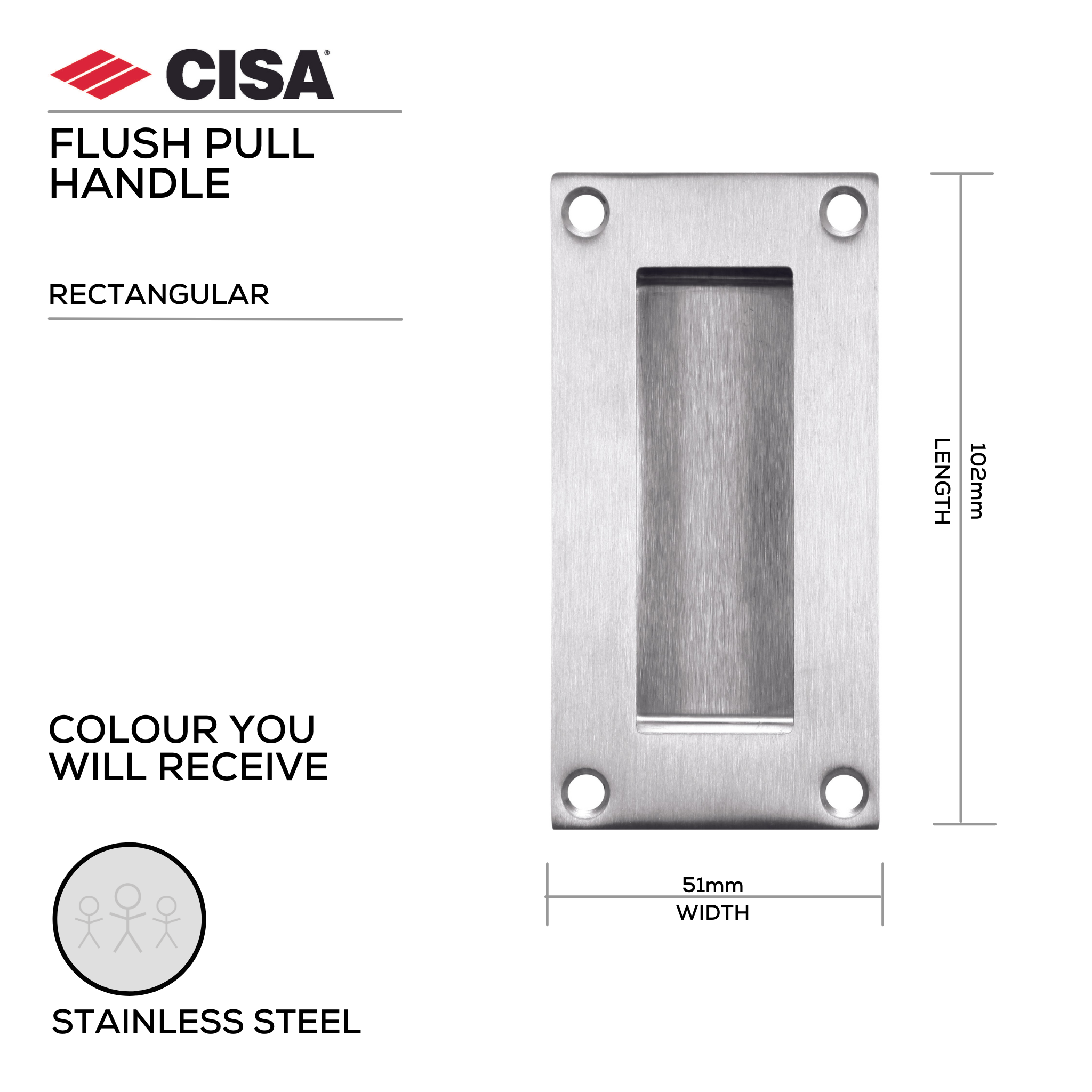 FP01.SS, Flush Pull, Rectangular, 102mm (l) x 51mm (w), Stainless Steel, CISA