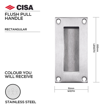 Main product view of CISA Stainless Steel Sliding Door, made for patio and sliding doors with tough stainless shine, 102mm (l) x 51mm (w).