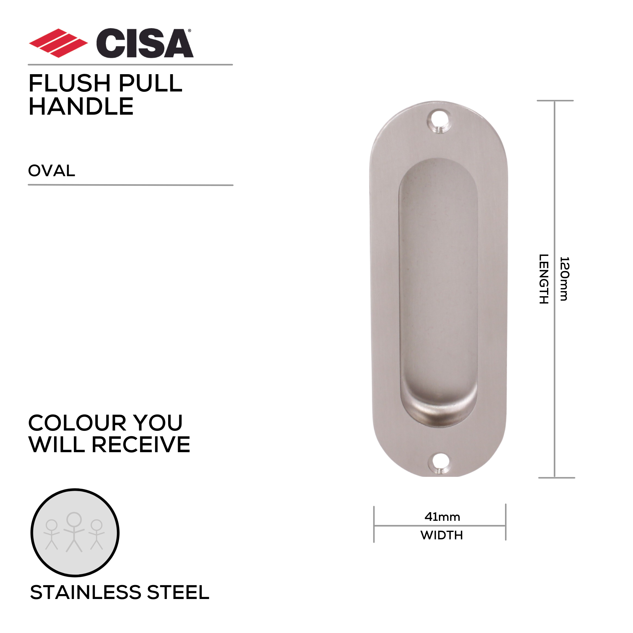 FP02.SS, Flush Pull, Oval, 120mm (l) x 41mm (w), Stainless Steel, CISA