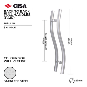 FP.S01.BB.SS, Pull Handle, Tubular, S Handle, BTB, 25mm (Ø) x 600mm (l) x 400mm (ctc), Stainless Steel, CISA