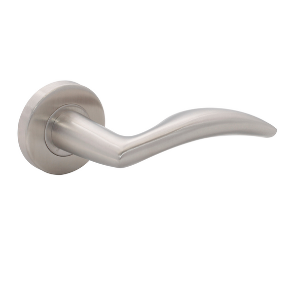 FS114.R._.SB, Lever Handles, Solid, On Round Rose, With Escutcheons, Satin Brass, CISA