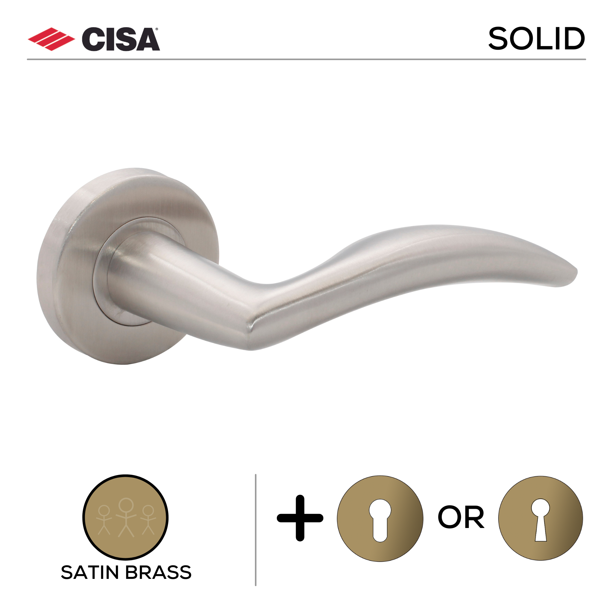 FS114.R._.SB, Lever Handles, Solid, On Round Rose, With Escutcheons, Satin Brass, CISA